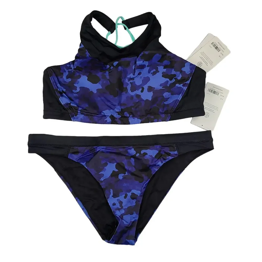 New Athleta Swim Set Bikini Large Freestyle Camo High Neck Top Bottom Blue